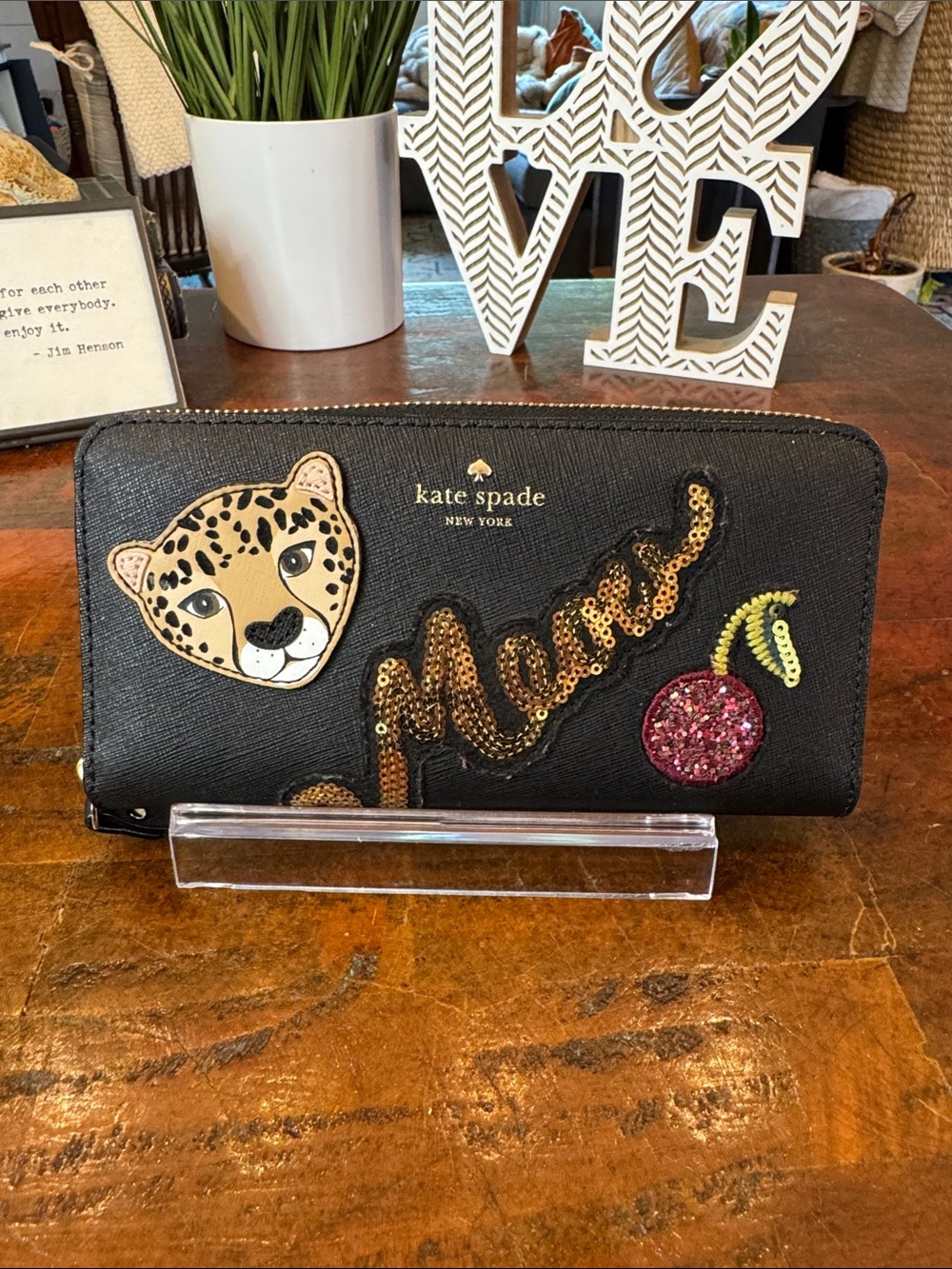 kate spade Novelty Black Sequin Leopard & Cherry Zip Wallet